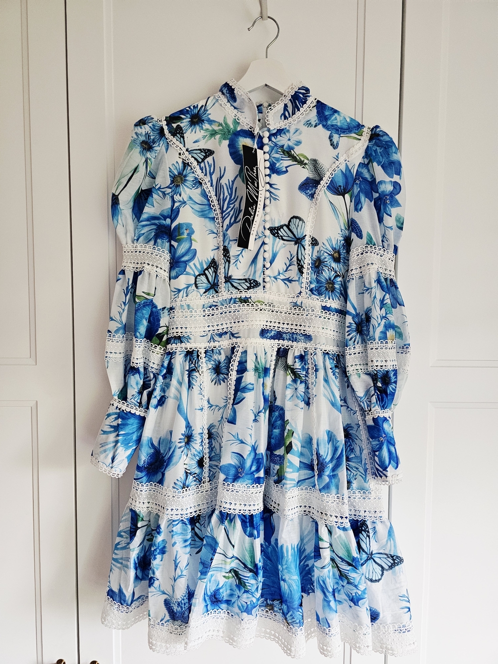 DALIA MACPHEE Long Sleeve Blue White Lace Trim Mini Dress, NWT $215